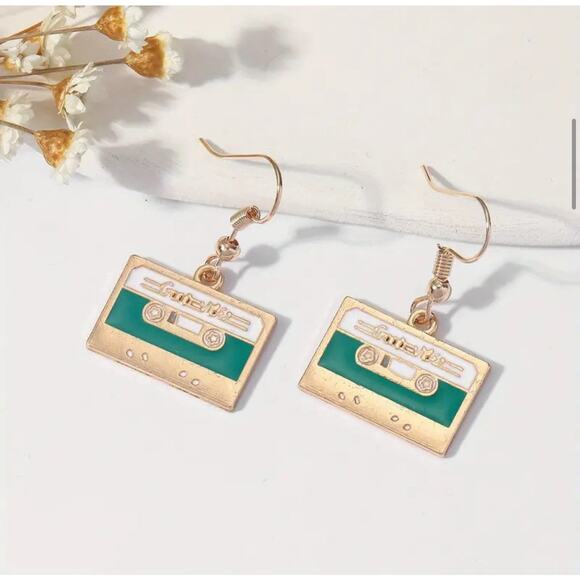 For the Birds Jewelry - Cassette Tape 80’s Deco Gold & Green Earrings Good Vibes Party Mix